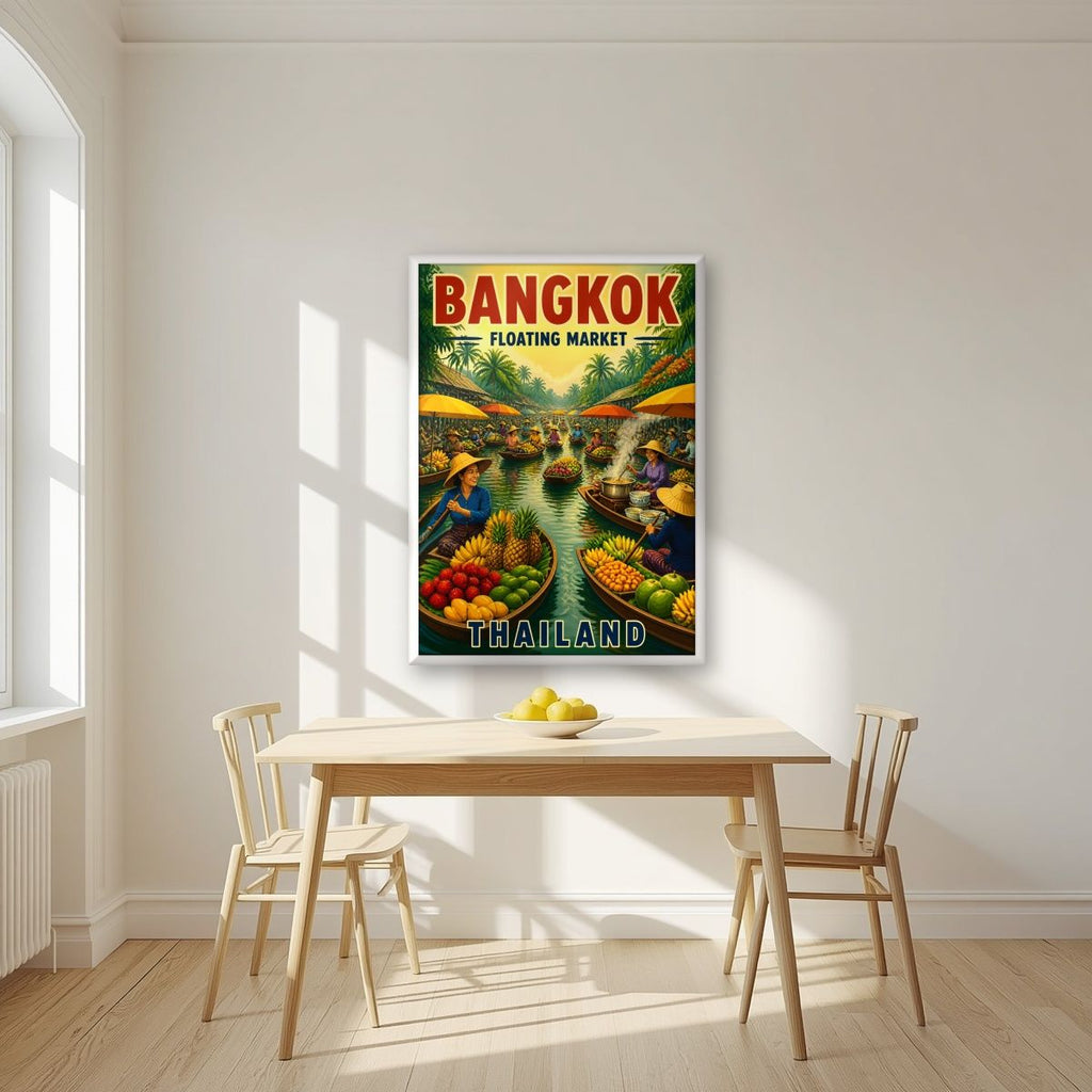 Talat Nam — Bangkok art print, in a white frame, styled in a kitchen