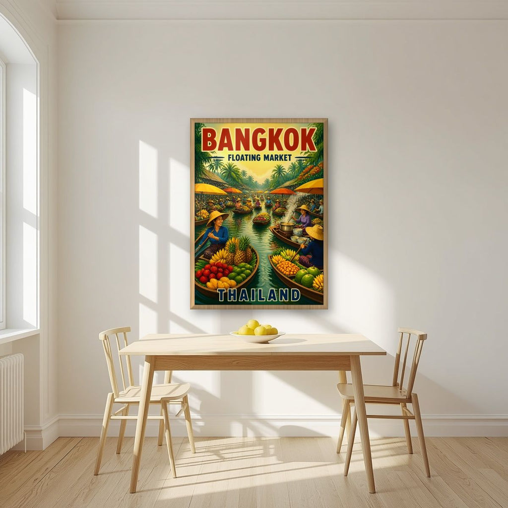 Talat Nam — Bangkok art print, in an oak frame, styled in a kitchen