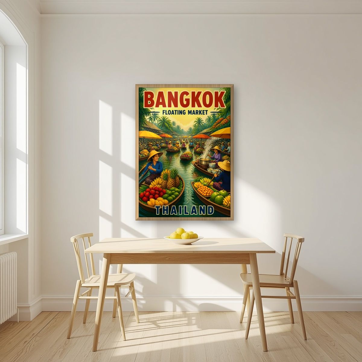Talat Nam — Bangkok art print, in an oak frame, styled in a kitchen