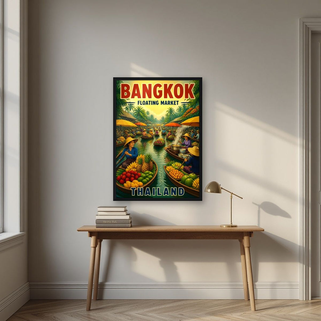 Talat Nam — Bangkok art print, in a black frame, styled in a desk