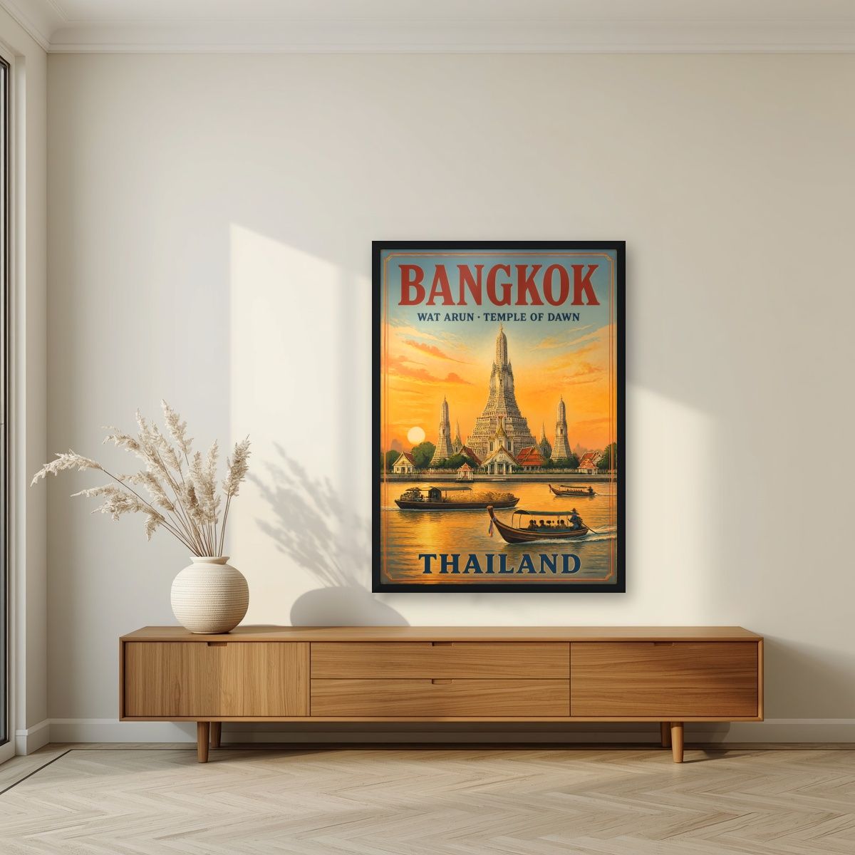 Wat Arun — Bangkok art print, in a black frame, styled in a living room