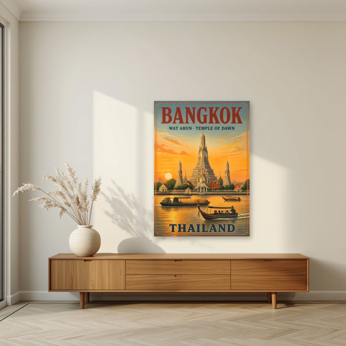 Wat Arun — Bangkok art print, unframed poster, styled in a living room