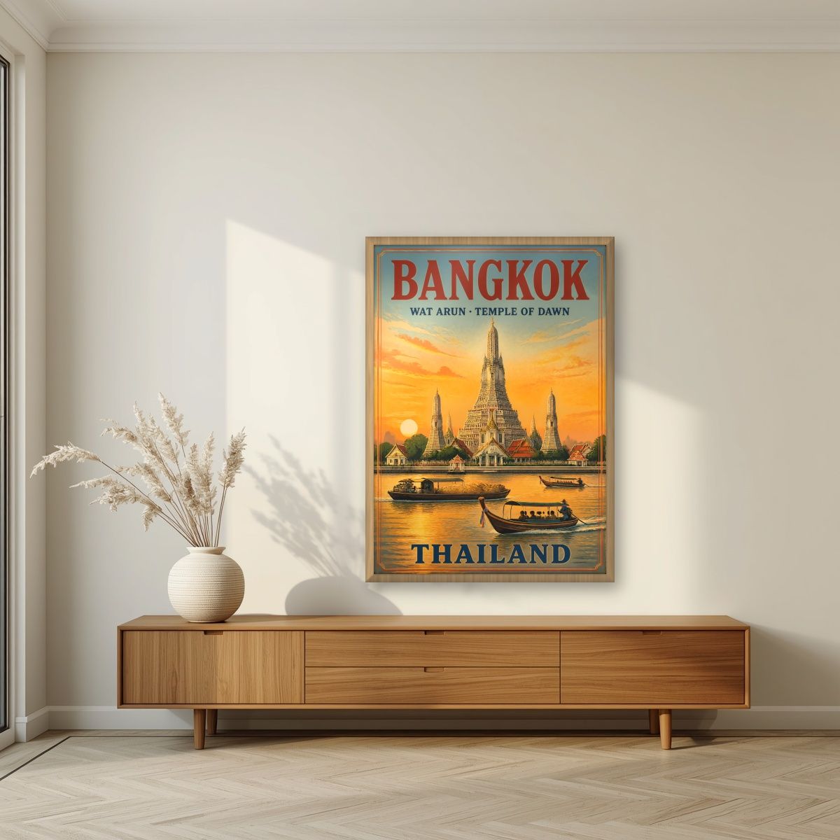 Wat Arun — Bangkok art print, in an oak frame, styled in a living room
