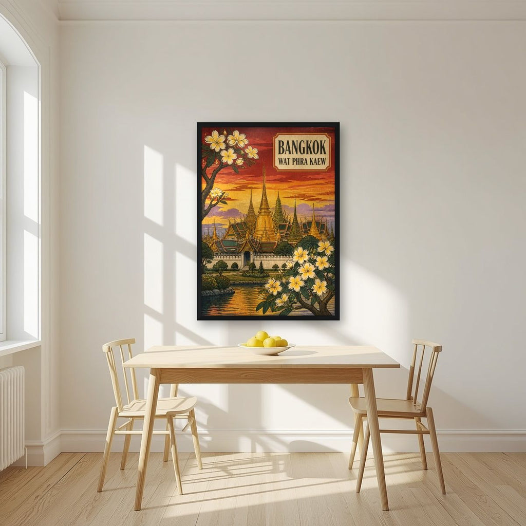 Wat Phra Kaew — Bangkok art print, in a black frame, styled in a kitchen