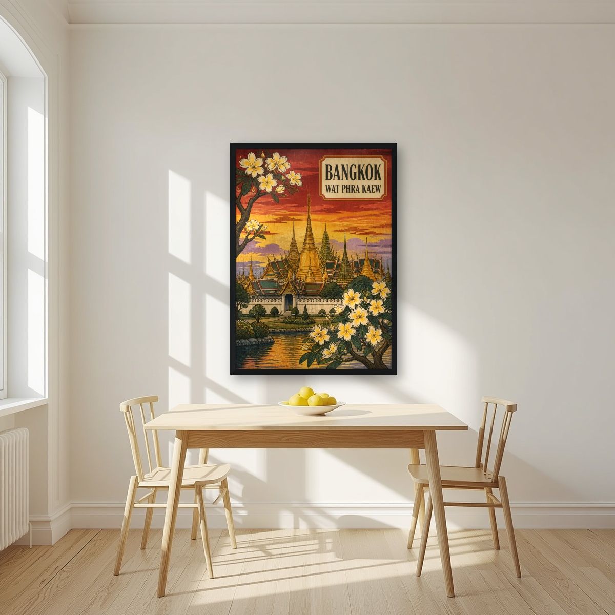 Wat Phra Kaew — Bangkok art print, in a black frame, styled in a kitchen