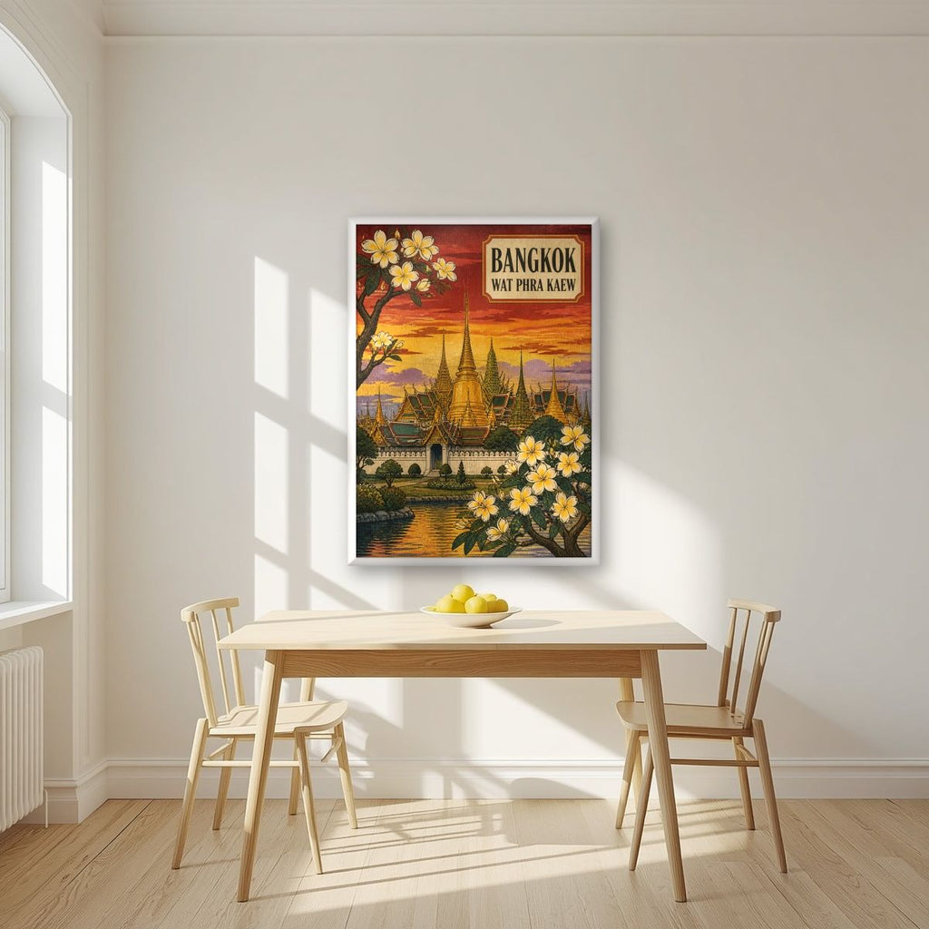 Wat Phra Kaew — Bangkok art print, in a white frame, styled in a kitchen