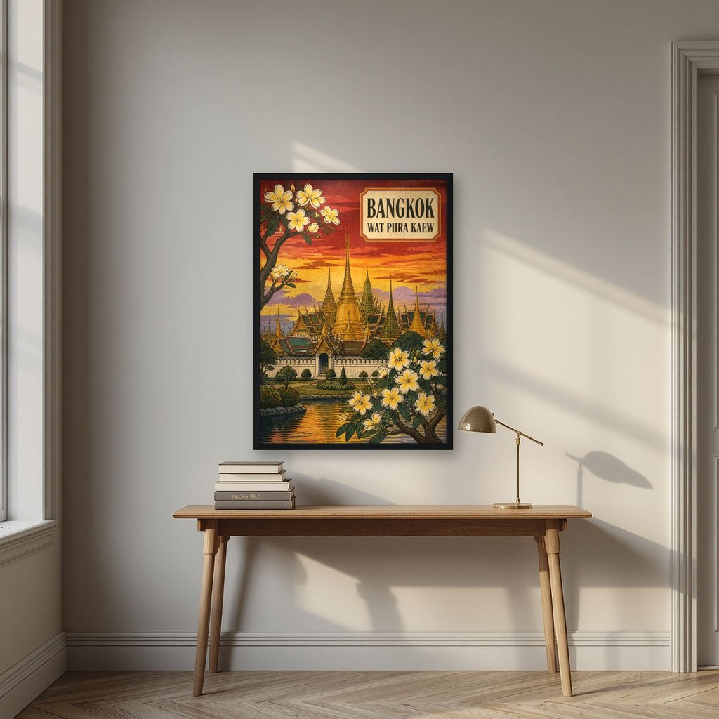 Wat Phra Kaew — Bangkok art print, in a black frame, styled in a desk