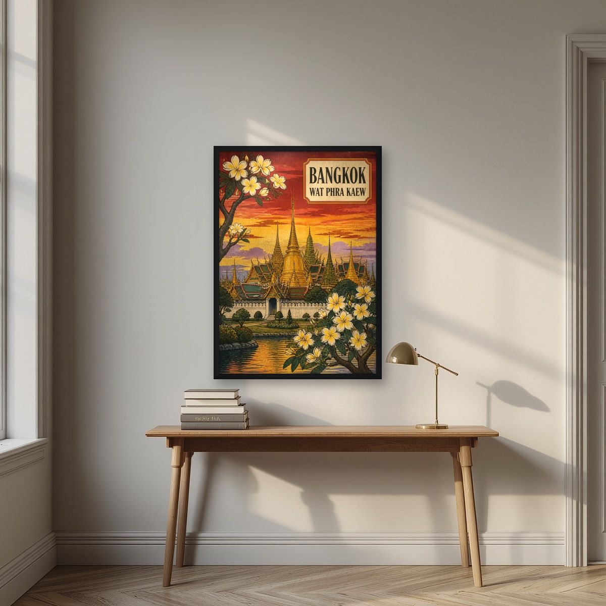Wat Phra Kaew — Bangkok art print, in a black frame, styled in a desk