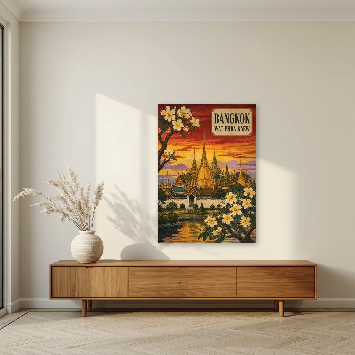 Wat Phra Kaew — Bangkok art print, unframed poster, styled in a living room