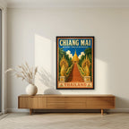 Doi Suthep — Chiang Mai art print, in a black frame, styled in a living room