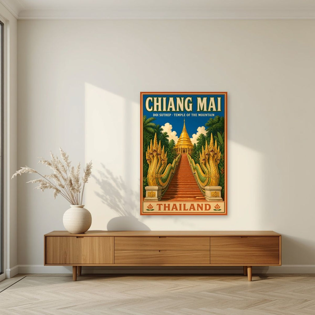 Doi Suthep — Chiang Mai art print, unframed poster, styled in a living room