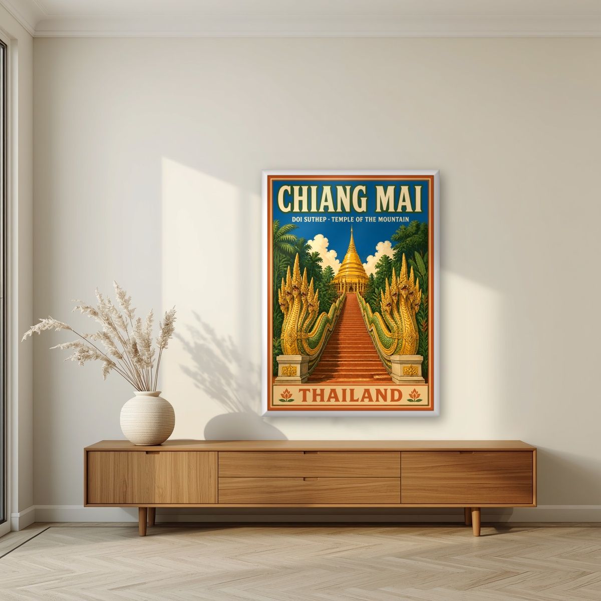 Doi Suthep — Chiang Mai art print, in a white frame, styled in a living room