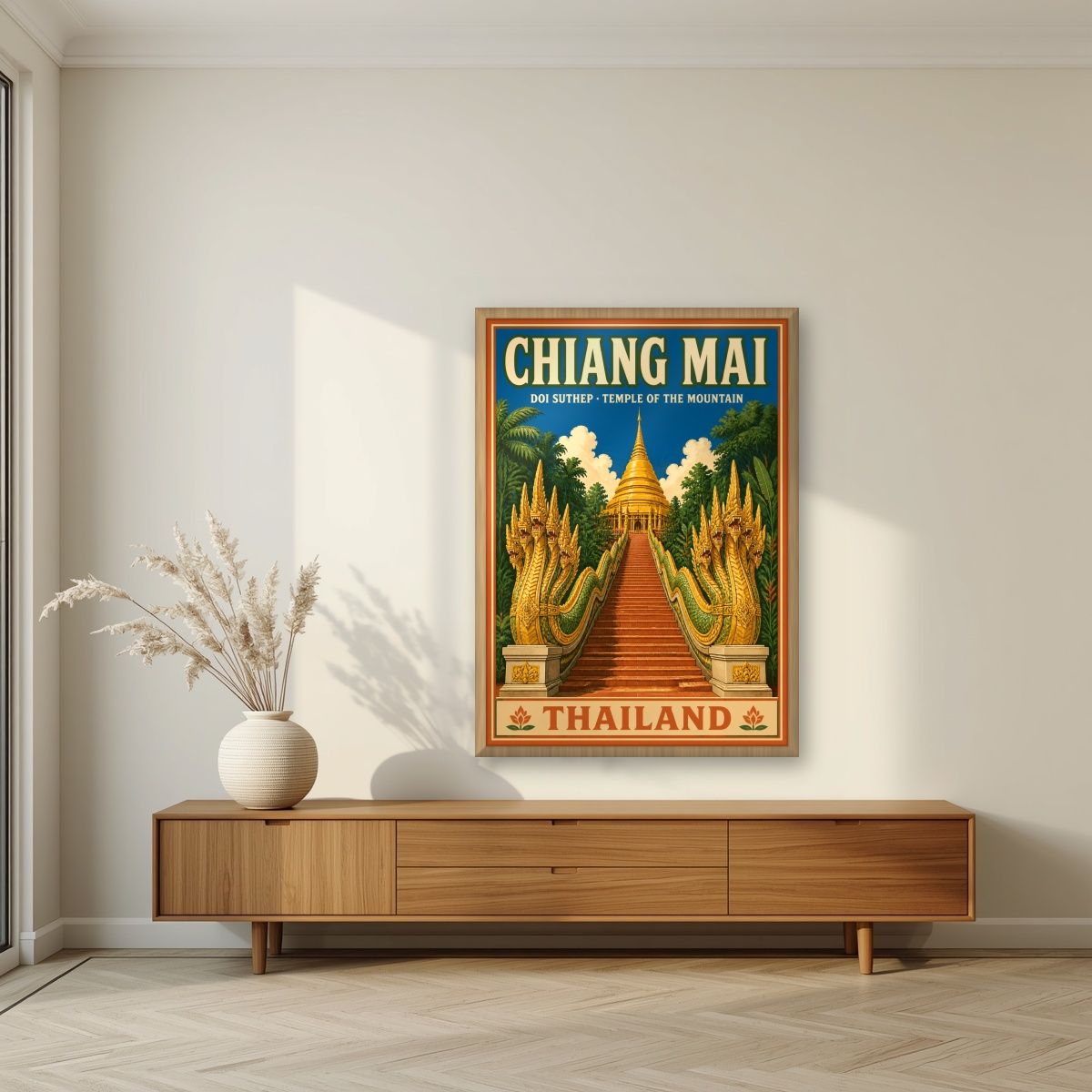 Doi Suthep — Chiang Mai art print, in an oak frame, styled in a living room