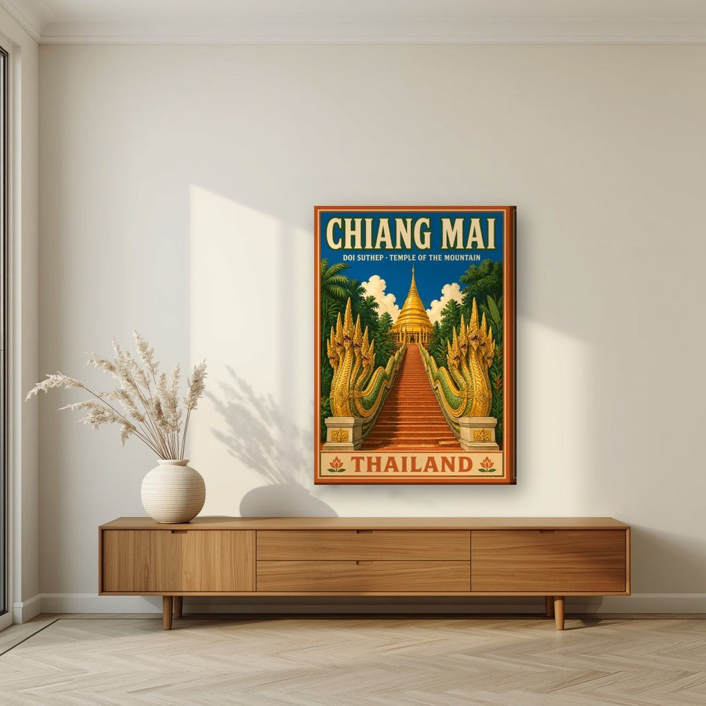 Doi Suthep — Chiang Mai art print, on slim canvas, styled in a living room