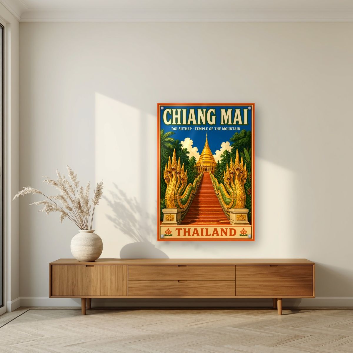 Doi Suthep — Chiang Mai art print, as an acrylic print, styled in a living room