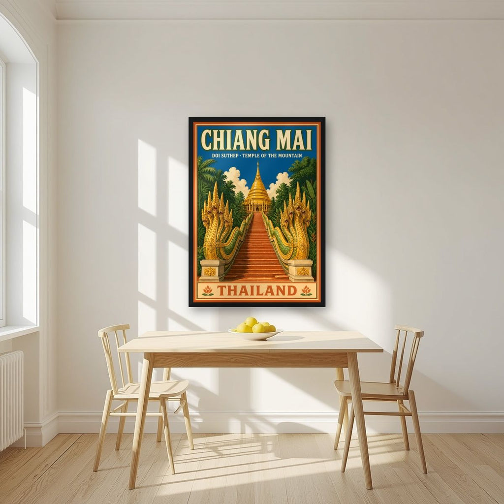Doi Suthep — Chiang Mai art print, in a black frame, styled in a kitchen