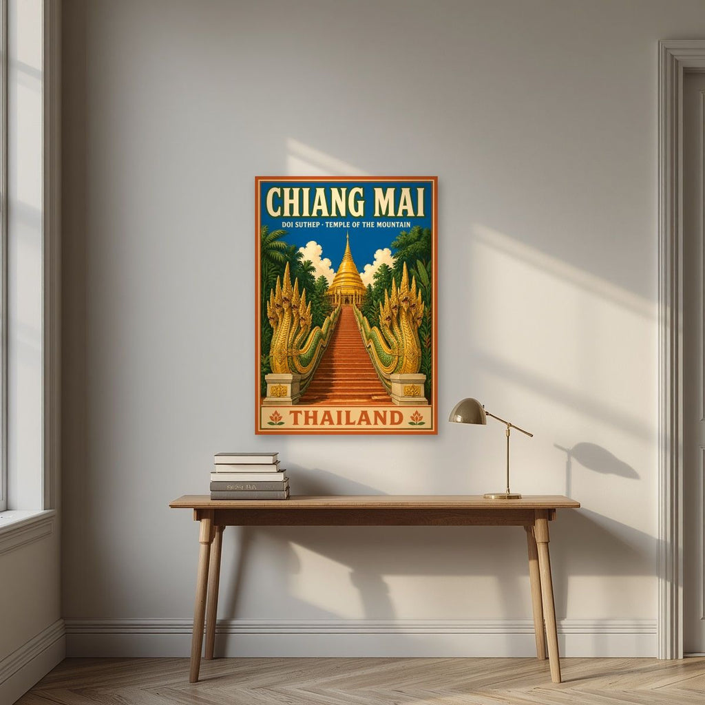 Doi Suthep — Chiang Mai art print, unframed poster, styled in a desk