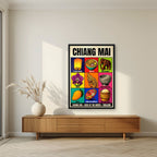 Lanna Nine — Chiang Mai art print, in a black frame, styled in a living room