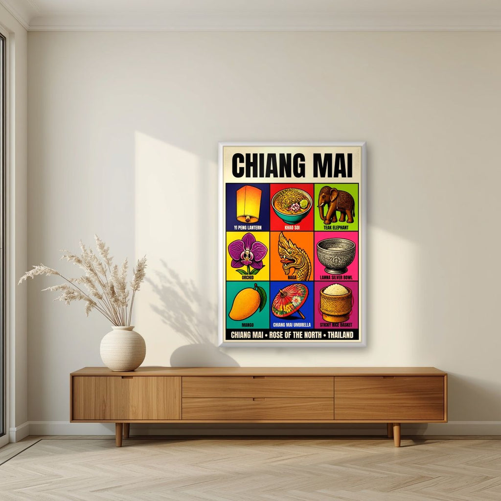 Lanna Nine — Chiang Mai art print, in a white frame, styled in a living room