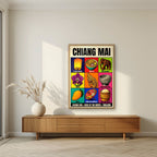 Lanna Nine — Chiang Mai art print, in an oak frame, styled in a living room