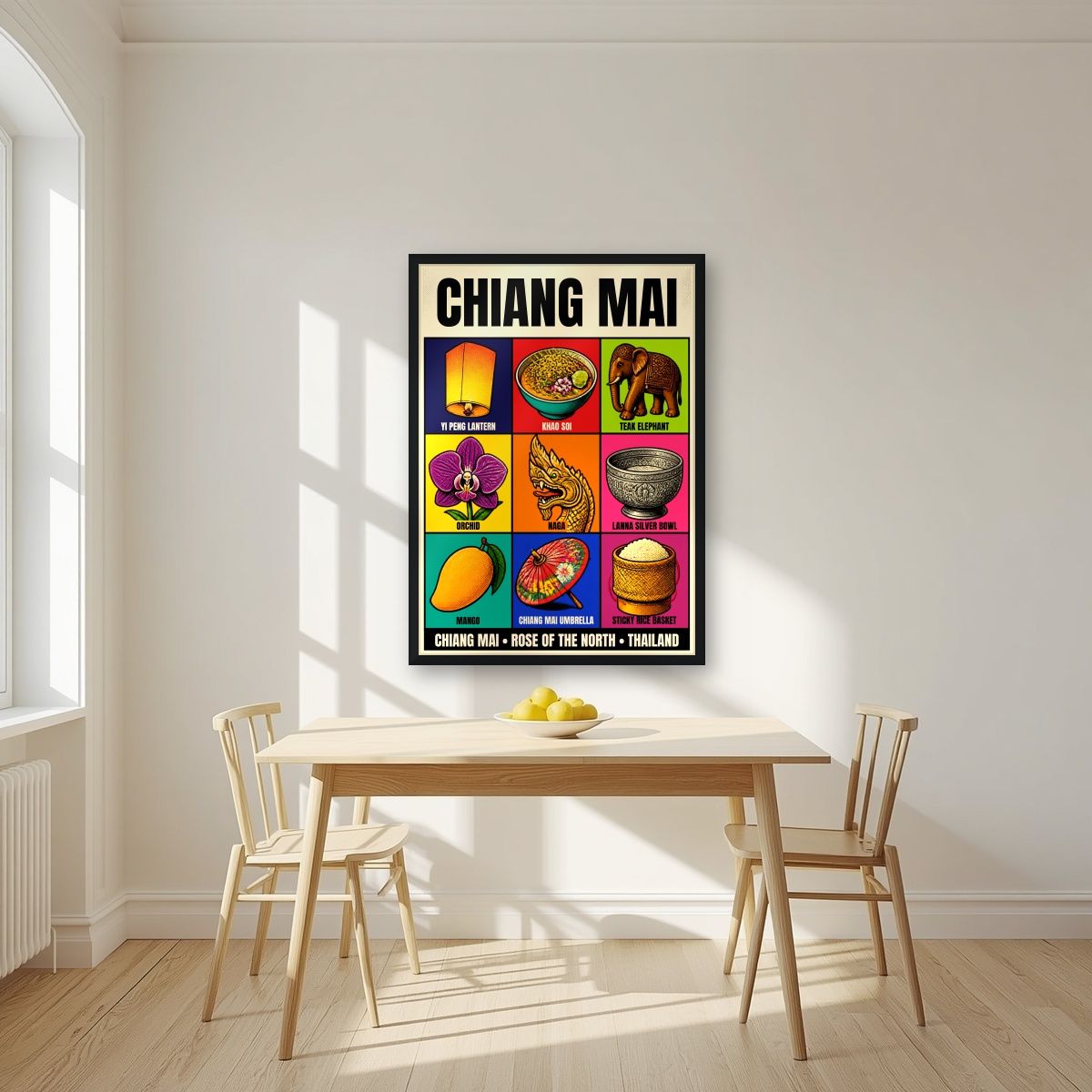 Lanna Nine — Chiang Mai art print, in a black frame, styled in a kitchen