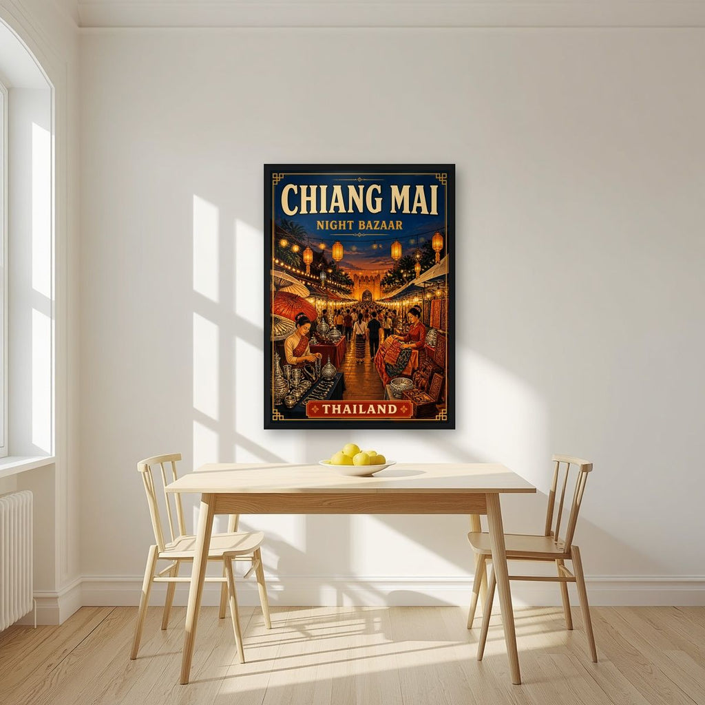 Night Bazaar — Chiang Mai art print, in a black frame, styled in a kitchen