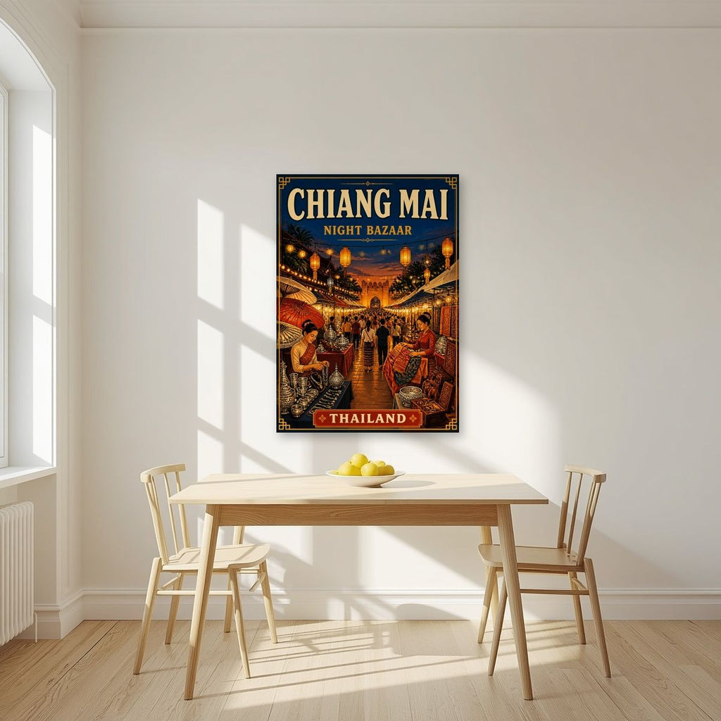 Night Bazaar — Chiang Mai art print, unframed poster, styled in a kitchen
