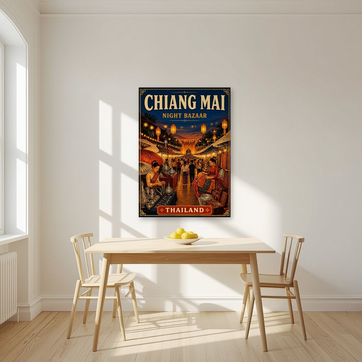 Night Bazaar — Chiang Mai art print, unframed poster, styled in a kitchen