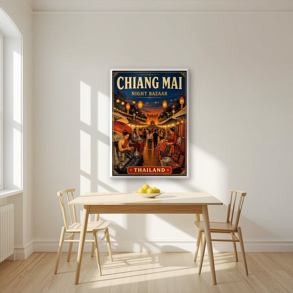 Night Bazaar — Chiang Mai art print, in a white frame, styled in a kitchen