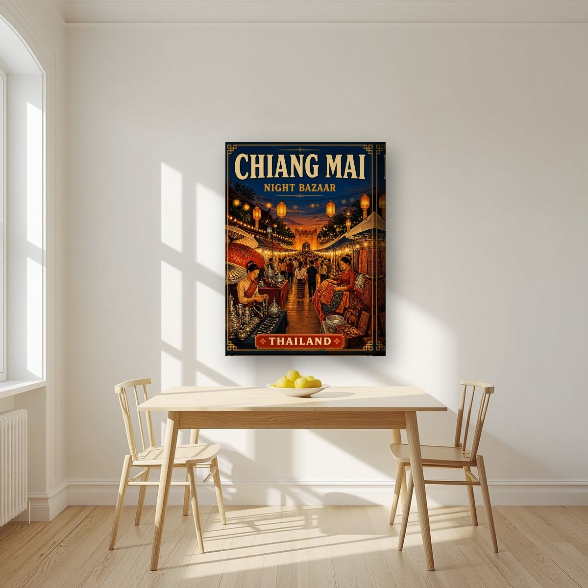 Night Bazaar — Chiang Mai art print, on thick canvas, styled in a kitchen