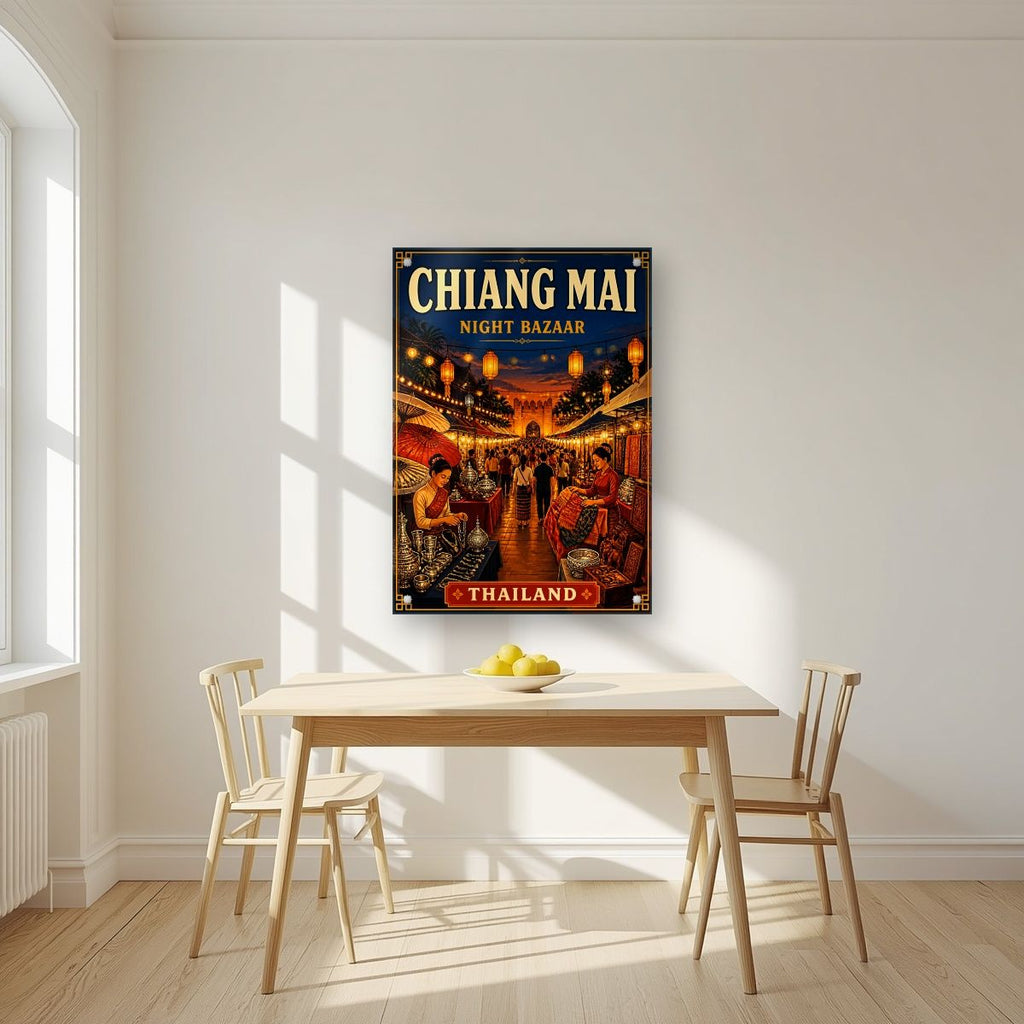 Night Bazaar — Chiang Mai art print, as an acrylic print, styled in a kitchen
