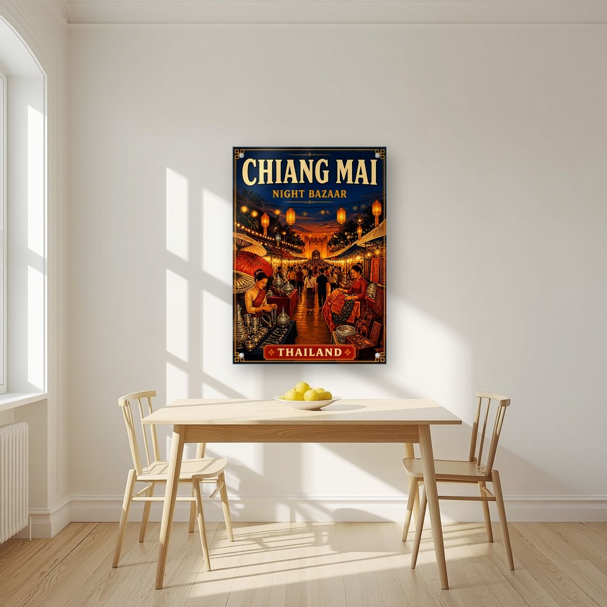 Night Bazaar — Chiang Mai art print, as an acrylic print, styled in a kitchen