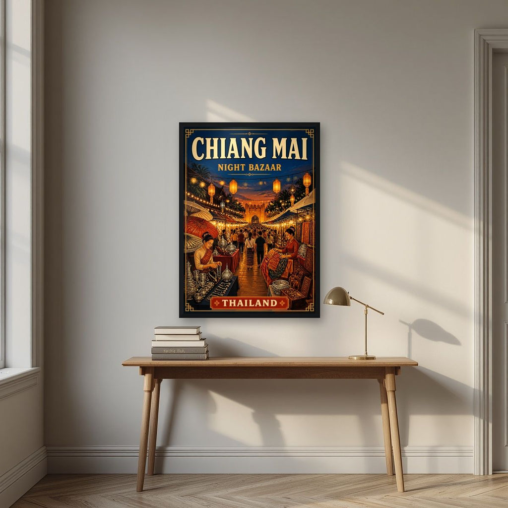 Night Bazaar — Chiang Mai art print, in a black frame, styled in a desk