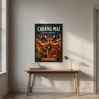 Night Bazaar — Chiang Mai art print, in a black frame, styled in a desk