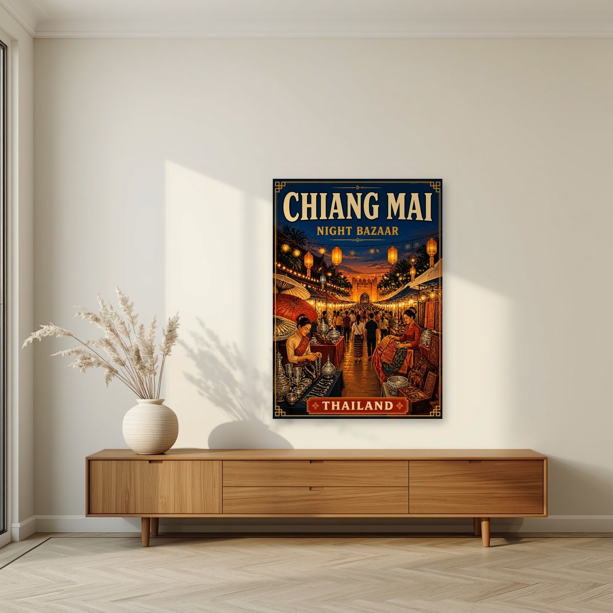 Night Bazaar — Chiang Mai art print, unframed poster, styled in a living room