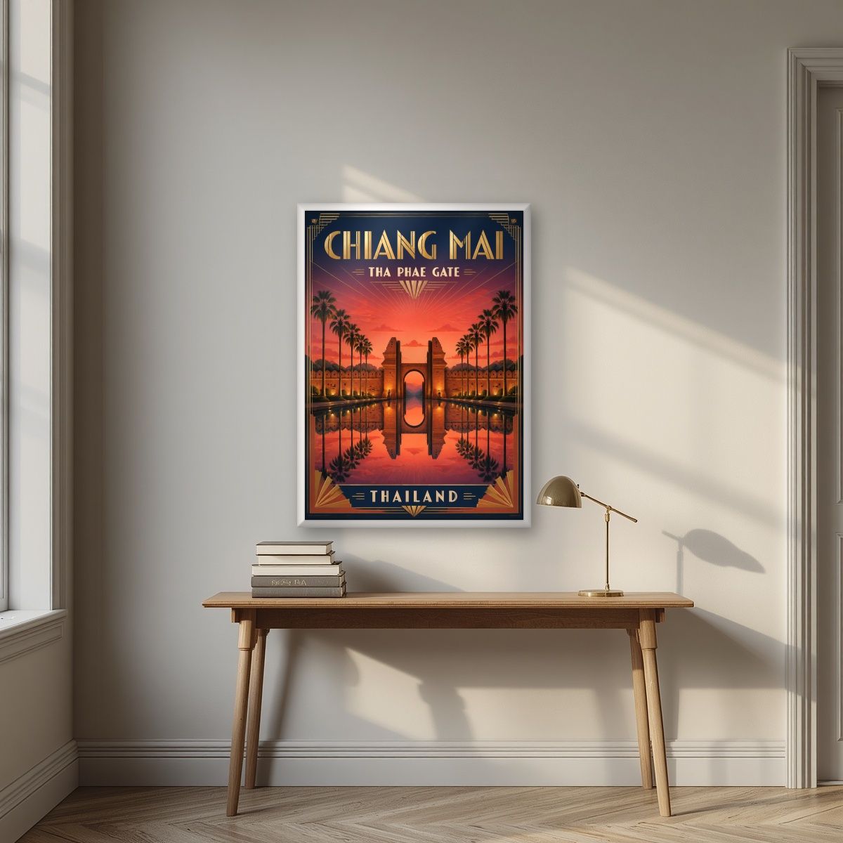 Tha Phae — Chiang Mai art print, in a white frame, styled in a desk