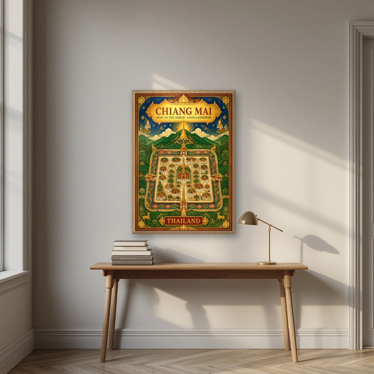 Wiang Lanna — Chiang Mai art print, in an oak frame, styled in a desk