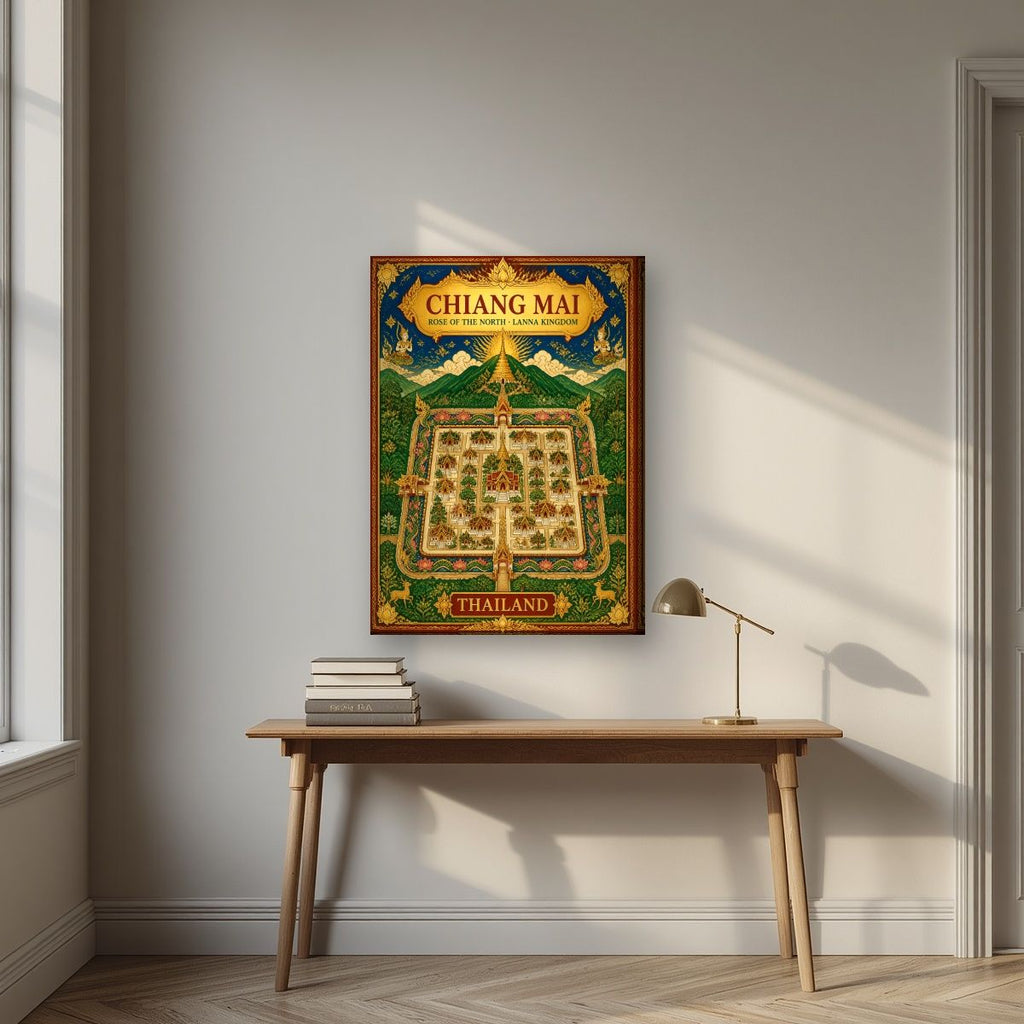 Wiang Lanna — Chiang Mai art print, on slim canvas, styled in a desk