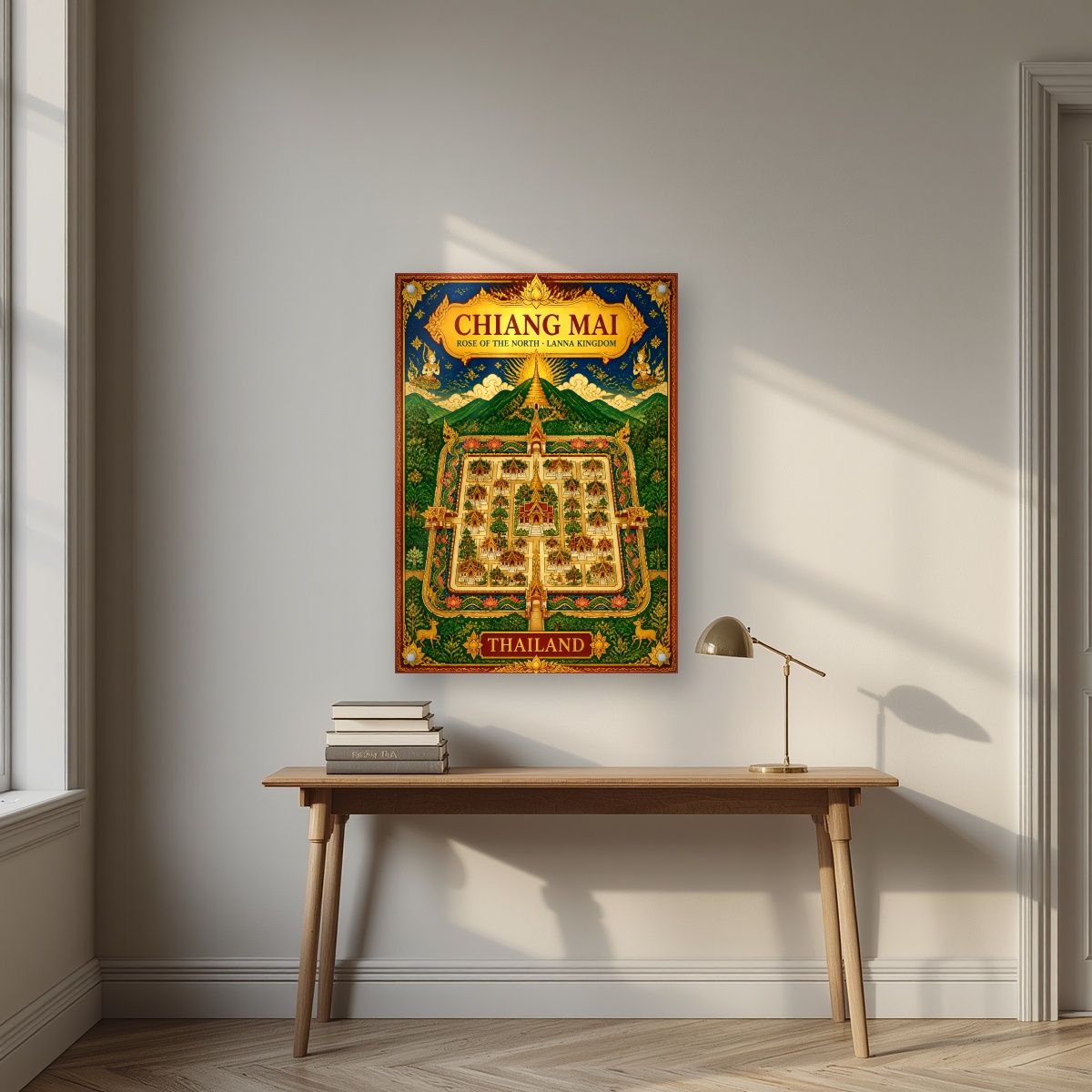 Wiang Lanna — Chiang Mai art print, as an acrylic print, styled in a desk
