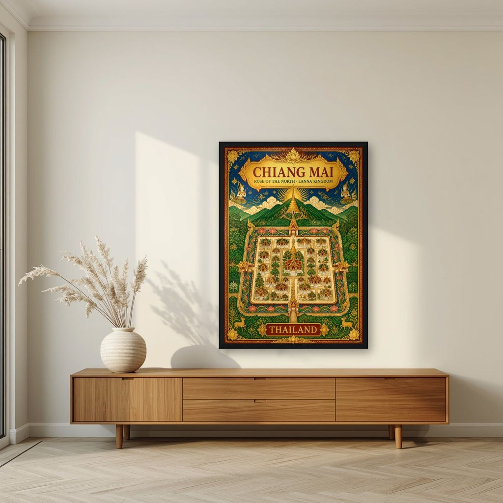 Wiang Lanna — Chiang Mai art print, in a black frame, styled in a living room
