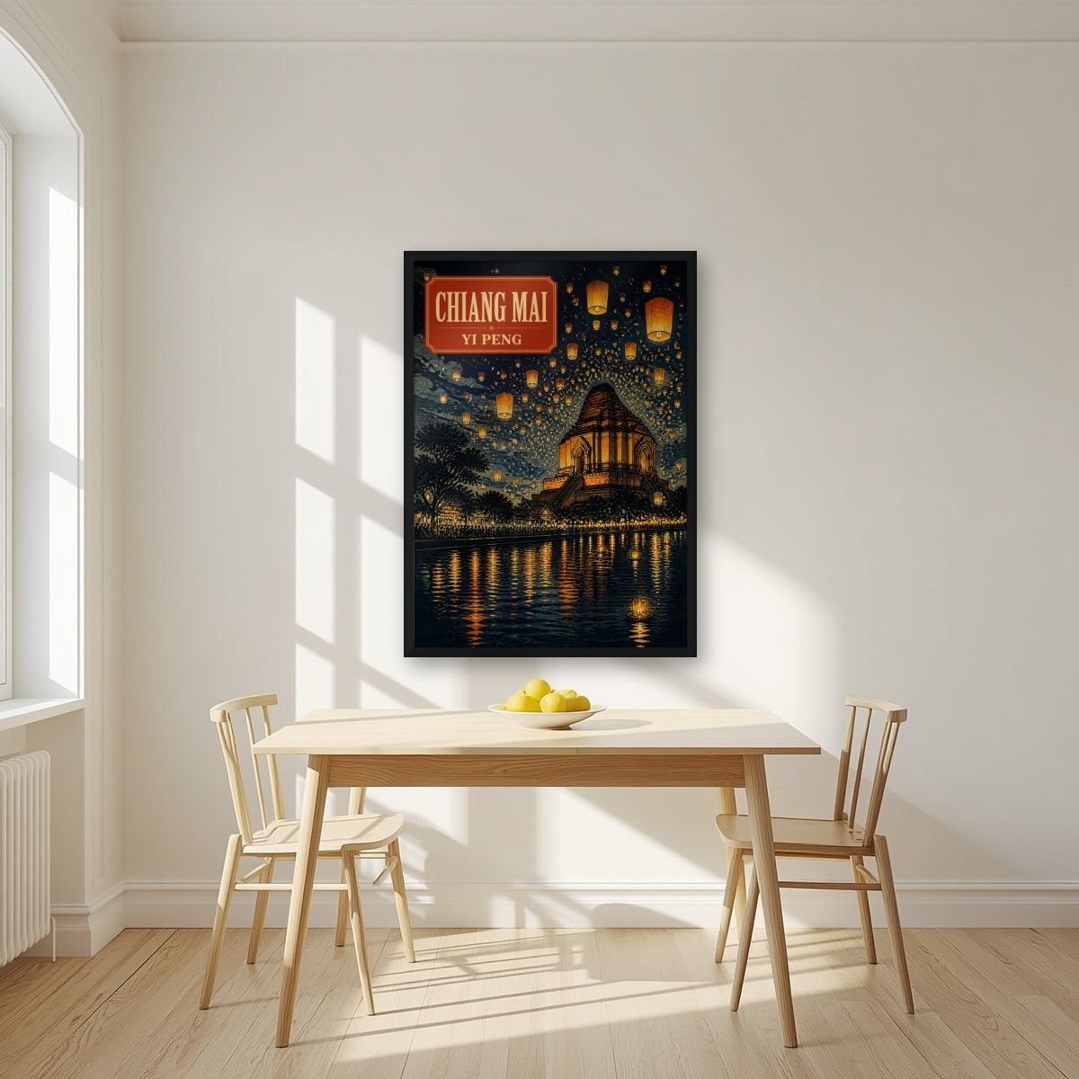 Yi Peng — Chiang Mai art print, in a black frame, styled in a kitchen