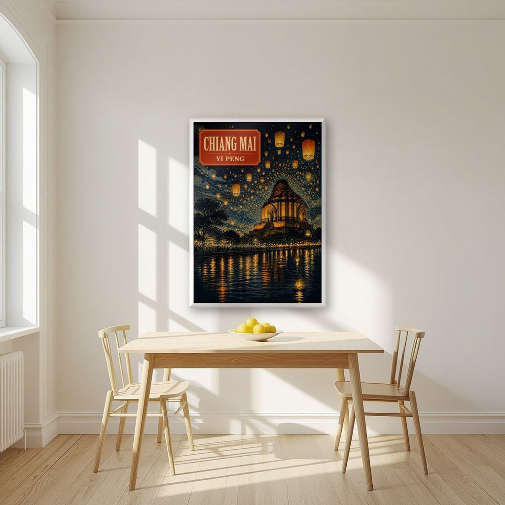 Yi Peng — Chiang Mai art print, in a white frame, styled in a kitchen