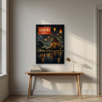 Yi Peng — Chiang Mai art print, in a black frame, styled in a desk