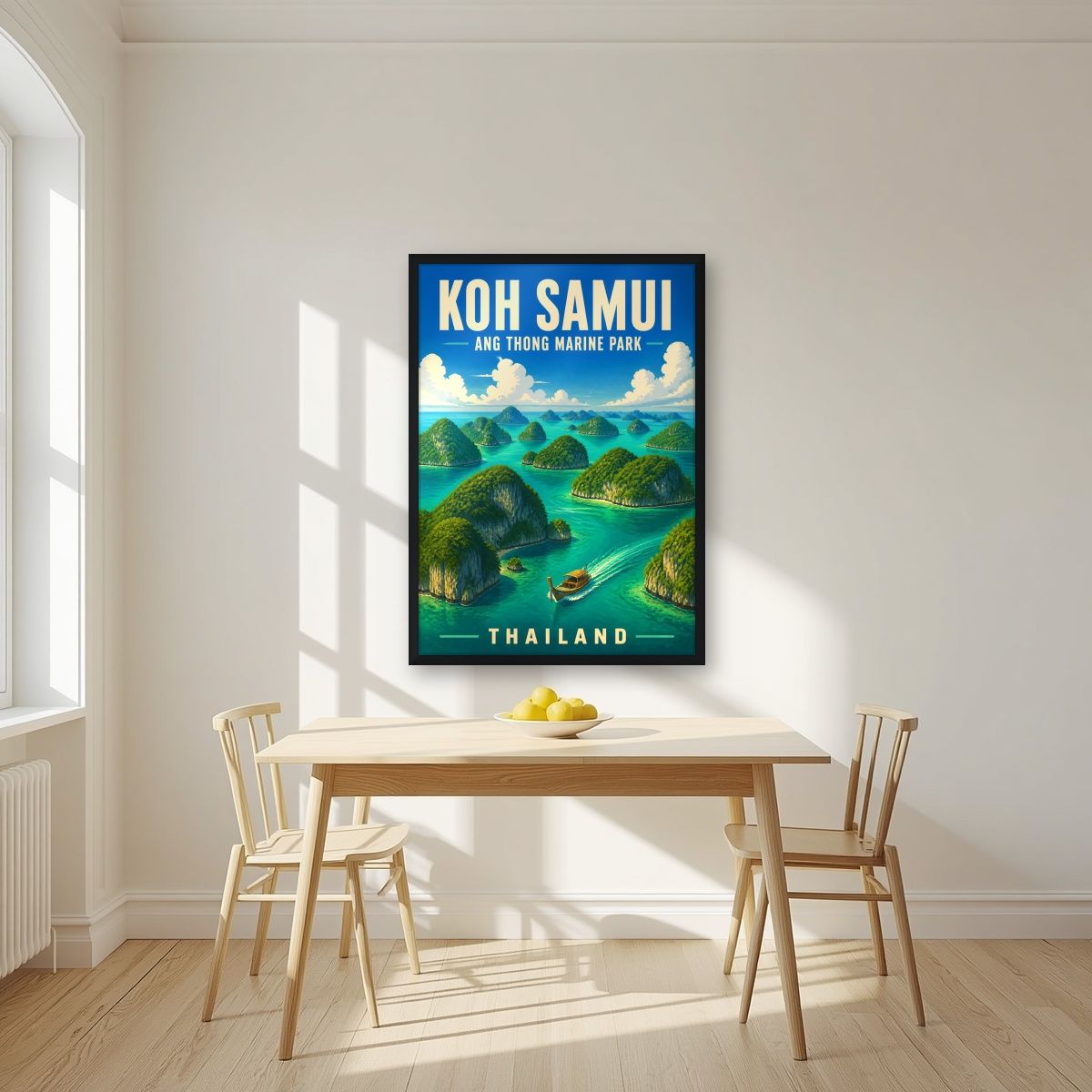 Ang Thong — Koh Samui art print, in a black frame, styled in a kitchen