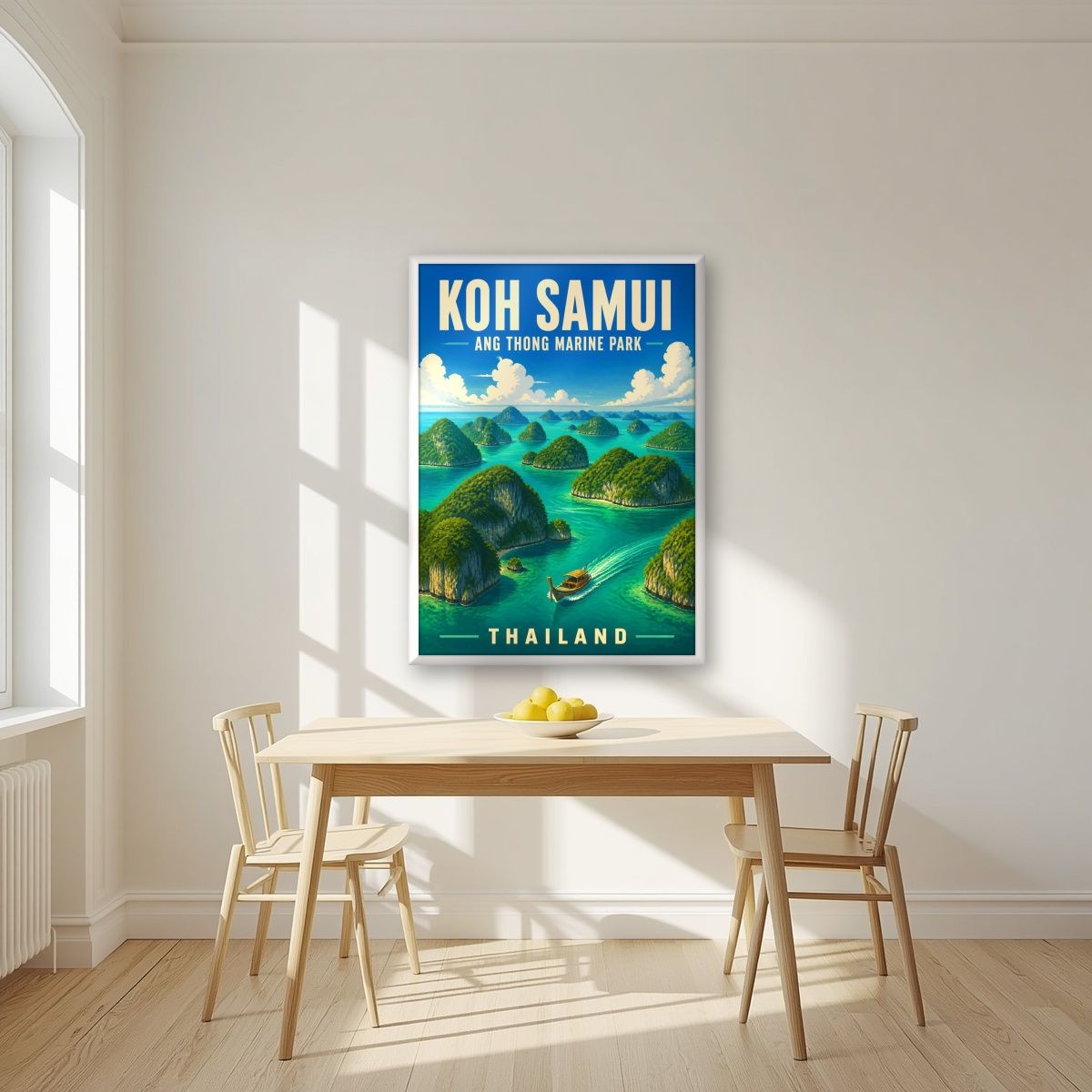 Ang Thong — Koh Samui art print, in a white frame, styled in a kitchen