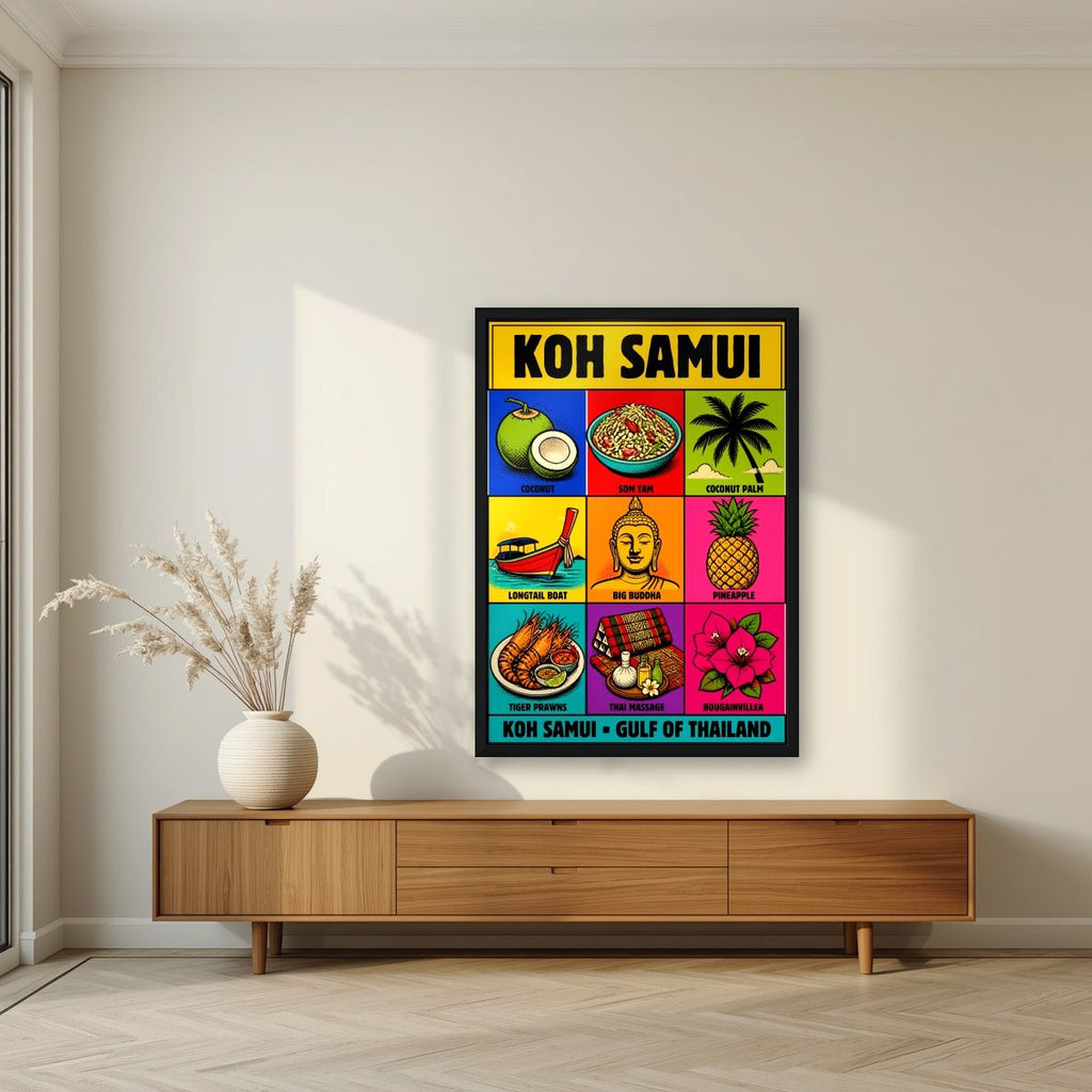 Ao Thai Treasures — Koh Samui art print, in a black frame, styled in a living room