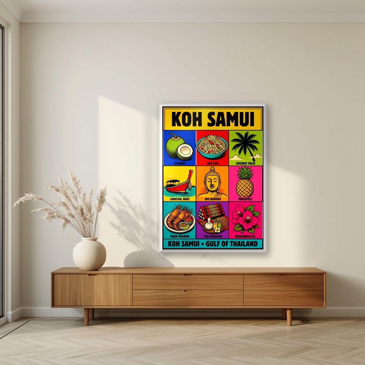 Ao Thai Treasures — Koh Samui art print, in a white frame, styled in a living room