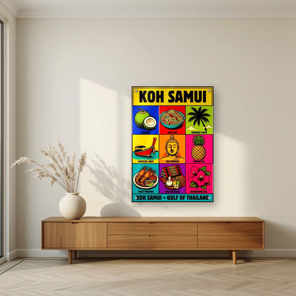 Ao Thai Treasures — Koh Samui art print, as an acrylic print, styled in a living room