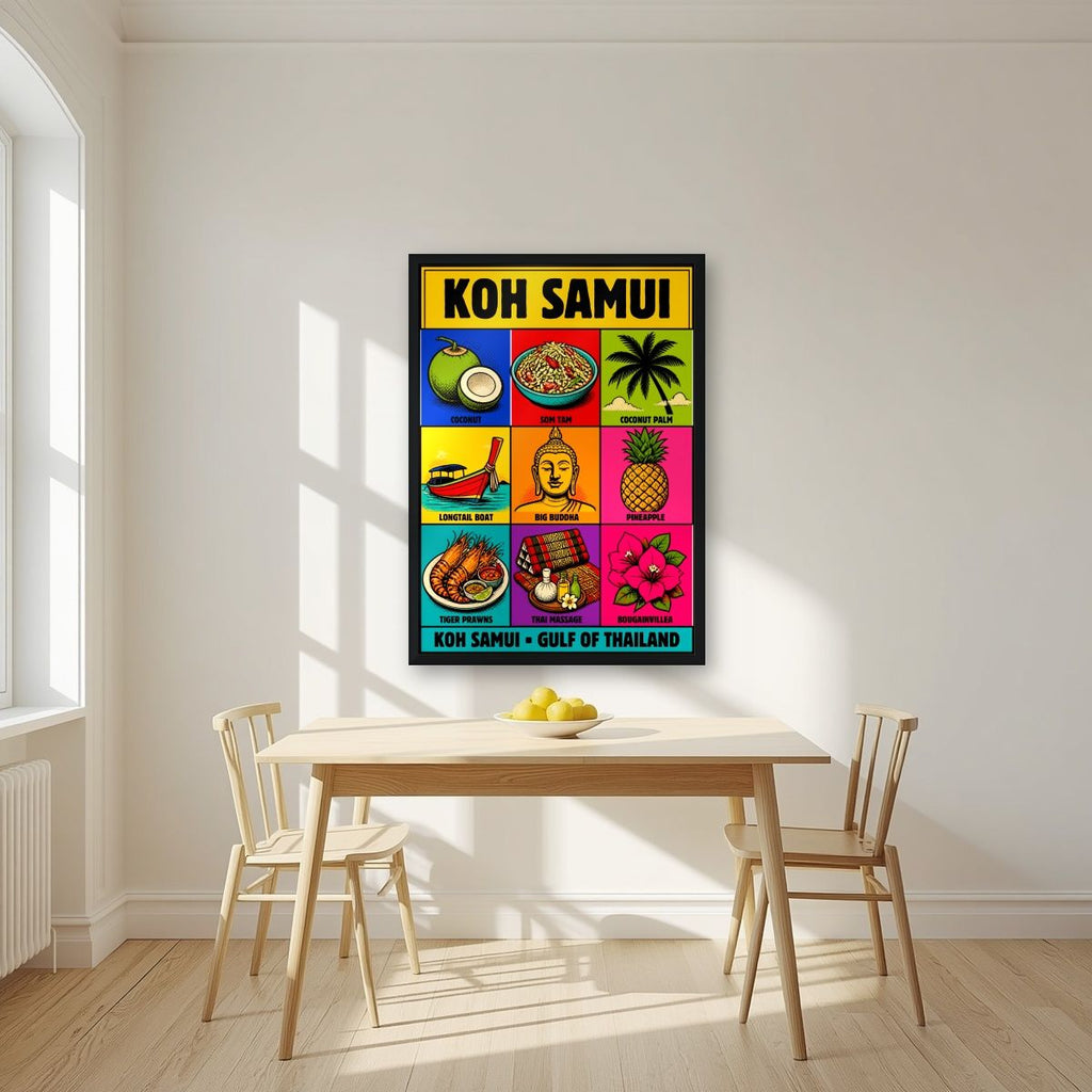 Ao Thai Treasures — Koh Samui art print, in a black frame, styled in a kitchen