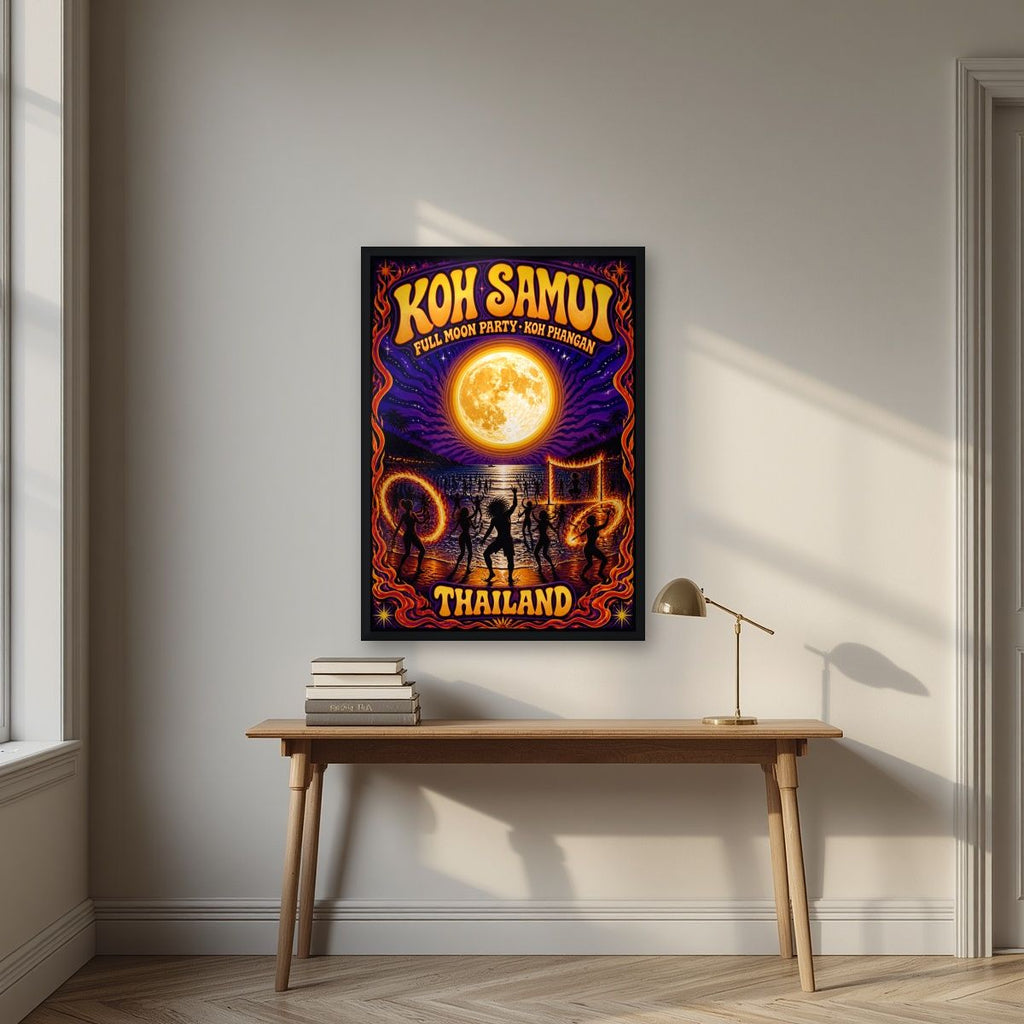 Full Moon — Koh Samui art print, in a black frame, styled in a desk